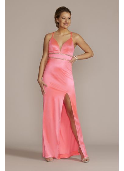 Plunge Stretch Satin A-Line with Embellished Waist - Who doesn't love a dress that comes already